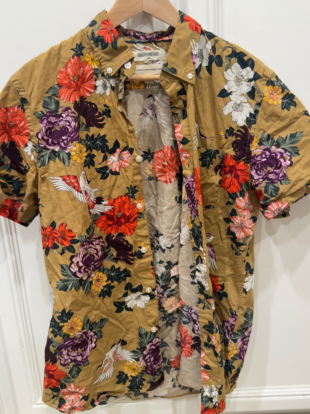 Goodthreads Mustard Floral & Crane Short-Sleeve Button-Down Shirt